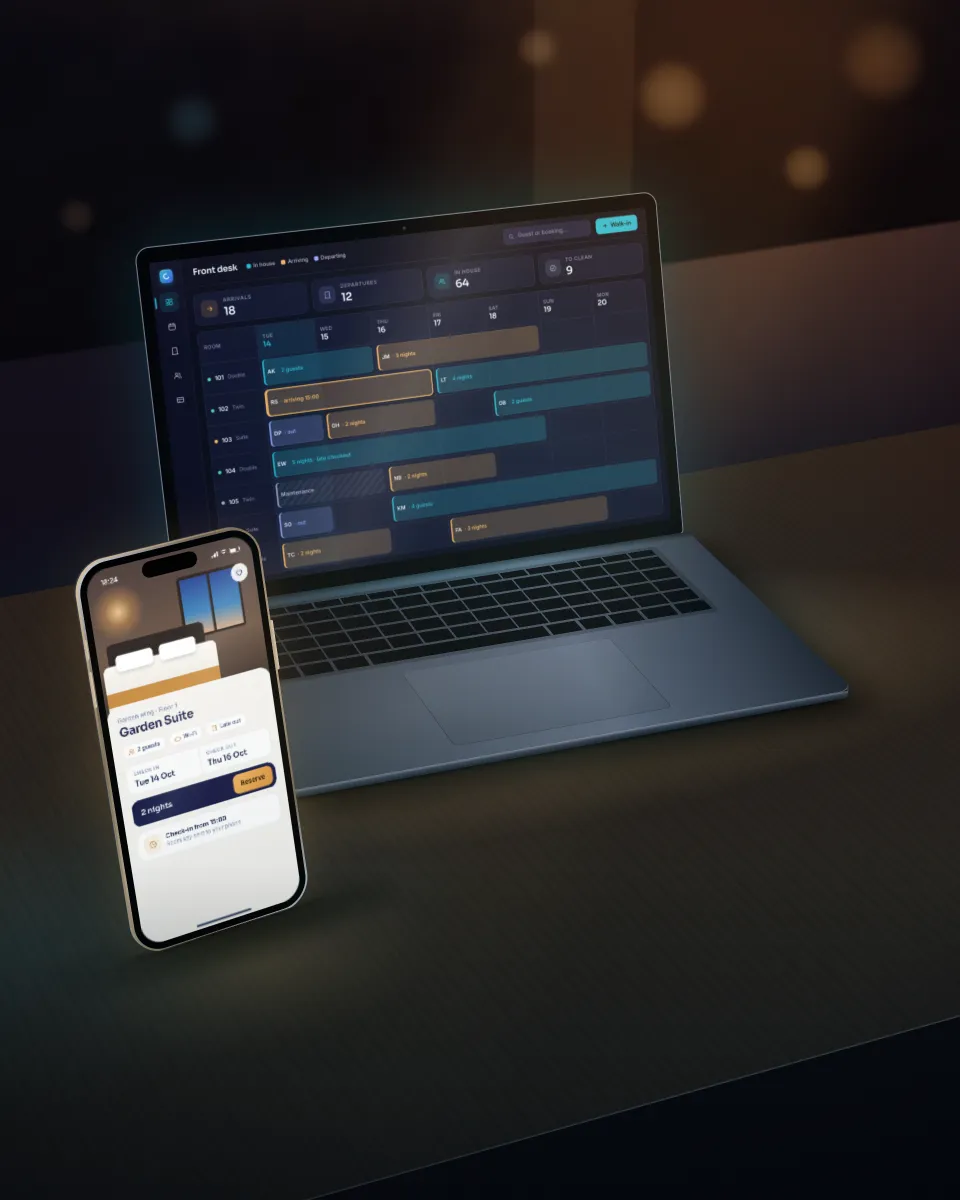 Illustration of a booking site on a laptop and phone