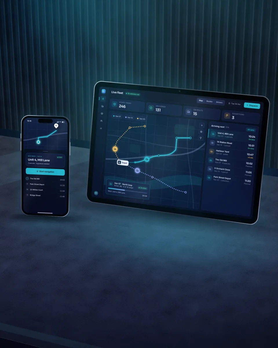 Illustration of a live delivery route map on a tablet and phone