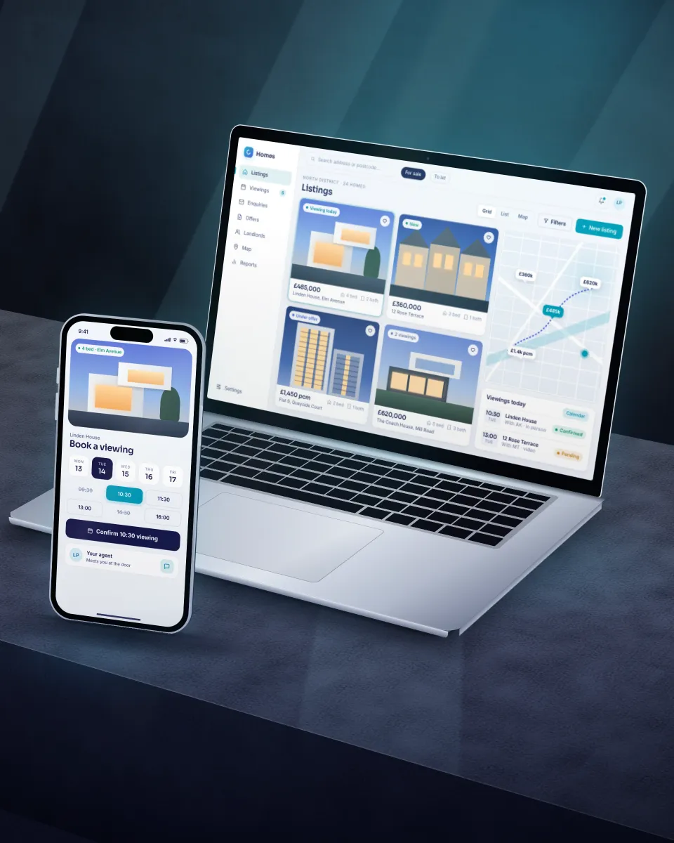 Illustration of property listings on a laptop and a viewing booking on a phone