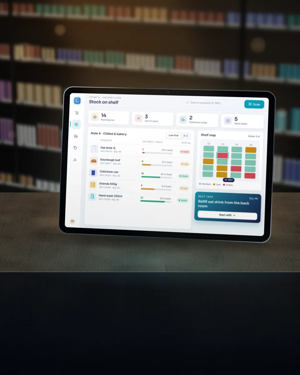 Illustration of a stock-on-shelf dashboard on a tablet at a shop counter