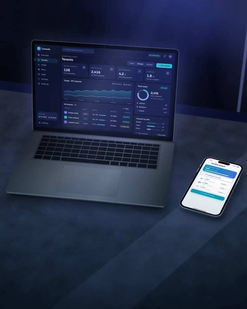 Illustration of a software product dashboard on a laptop