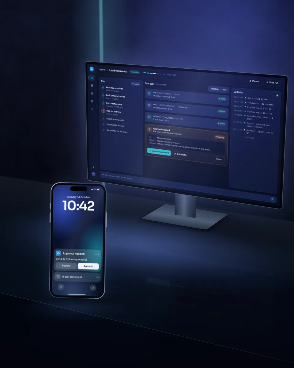 Illustration of an AI agent run on a desktop monitor with an approval request on a phone
