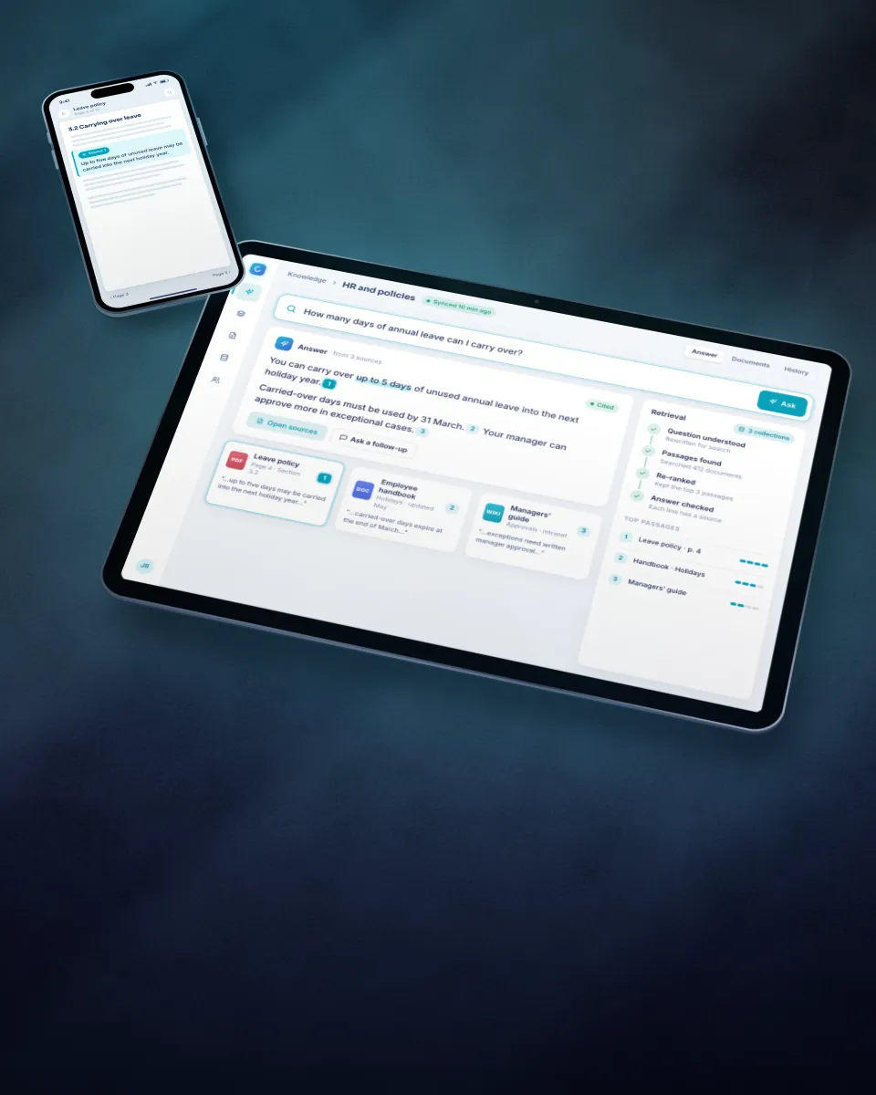 Illustration of a knowledge assistant answering with sources on a tablet and phone